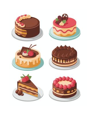 Variety of Cakes Chocolate, Cherry Topped, Slice, and More for Dessert Illustrations