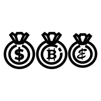 Three Money Bag Icons Showcasing Dollar Bitcoin And Ethereum Signs In Simple Style vector