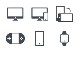 A collection of device glyph icons. Icons containing monitors, smartphones, and consoles. vector