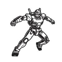 Dynamic black and white silhouette illustration of a futuristic mecha robot in an energetic action pose vector