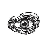 Robotic eye illustration in vintage art style featuring detailed silhouette design vector