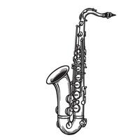 Detailed black and white illustration of a saxophone with line art featuring instrument silhouette on a white background. vector