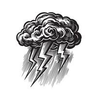 Vintage art silhouette of a stormy weather cloud with lightning and rain against white background vector