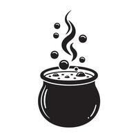 Black and white illustration of a bubbling cauldron creating a spooky vintage art silhouette. vector