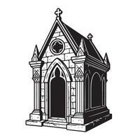 Vintage art silhouette of a gothic stone mausoleum with crosses and detailed architectural elements vector