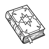 A stylized monochrome illustration of a magical book with a six pointed star and ribbon bookmark silhouette style design vector