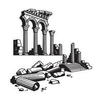 Ancient ruins architectural drawing of classical columns and stone debris in monochrome vector