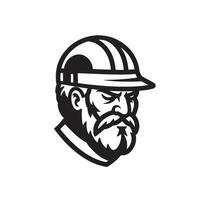 Vintage art silhouette of a bearded man wearing a hard hat depicting a construction worker or engineer symbolizing labor and safety. vector