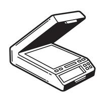 Black and white illustration of a vintage art style scanner for document digitization vector