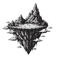Intricate vintage art silhouette of a floating mountain island with clouds and peaks vector
