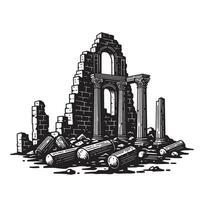 Ancient roman ruins silhouette featuring collapsed columns and damaged architecture vector