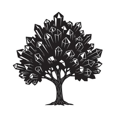 Vintage art silhouette of a tree with crystalline branches in black and white style