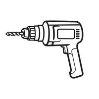 A simple black and white outline illustration of a hand-held power drill tool for construction and carpentry projects vector