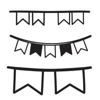 illustration of three different styles of hand drawn banner flags featuring a silhouette outline for celebration decorations and party events. vector