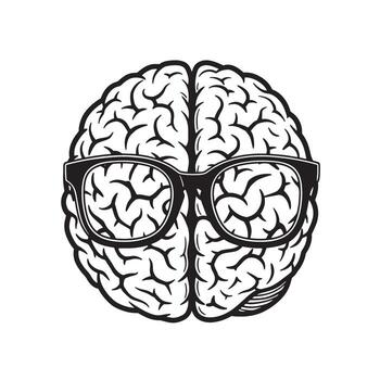 Intellectual brain illustration with black framed glasses representing intelligence and cognitive function in a simple silhouette design. vector