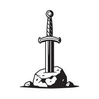 A monochrome illustration of a sword stuck into a stone symbolizing strength power and the legendary excalibur. vector