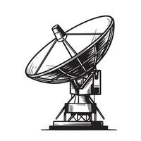 Vintage art silhouette of a detailed satellite dish receiving signals for communication and global data transmission vector