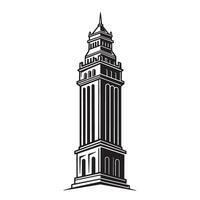 Elegant architectural illustration of a tall vintage tower building silhouette in black and white vector