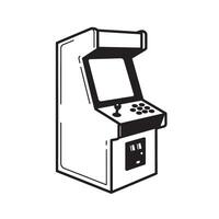 Black and white illustration of a vintage arcade cabinet with joystick and buttons arcade machine retro vector