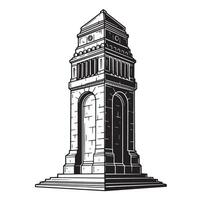 A vintage black and white illustration of a classical tall tower building structure silhouette. vector
