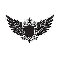 Detailed vintage art silhouette of a shield embellished with wings and decorative elements vector