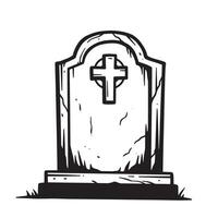 Hand drawn vintage art silhouette of a gravestone with a christian cross on white background vector