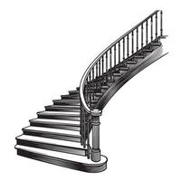 Elegant curved staircase in a vintage art style black and white architectural drawing vector