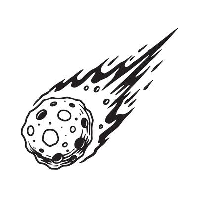 Hand drawn vintage art silhouette of a meteoroid in space travelling across the sky black and white illustration
