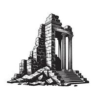 Vintage art silhouette illustration of ruined ancient temple with classical columns and steps vector