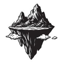 Vintage art silhouette floating mountain island with clouds in a black and white design vector