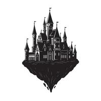 A detailed vintage art silhouette of a majestic castle floating on an island in the sky vector