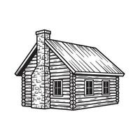 Detailed vintage art silhouette of a rustic log cabin with chimney and windows vector