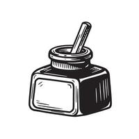 Hand drawn illustration of a vintage ink bottle with a pen for artistic design vector