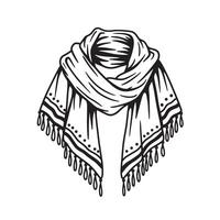 Detailed vintage art silhouette of a decorative shawl with tassels and intricate design in a black and white style vector