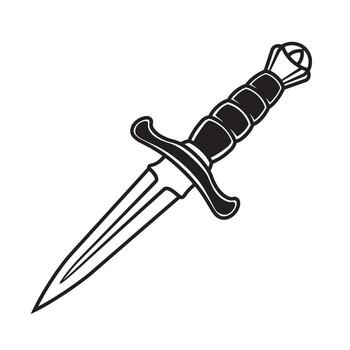 Classic black and white silhouette illustration of a dagger featuring a detailed handle and a sharp point for design purposes. vector