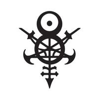 Intricate black vintage art silhouette with wheel and sword elements on white background vector