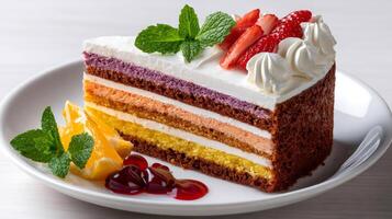 Slice of colorful layered cake decorated with fresh mint, strawberries and whipped cream photo