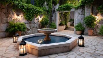 Charming fountain illuminating a peaceful courtyard at dusk photo