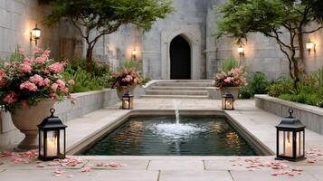 Romantic courtyard with fountain and lanterns illuminating blooming pink roses at twilight photo