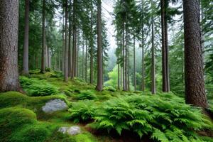 Lush green ferns growing on mossy forest floor photo