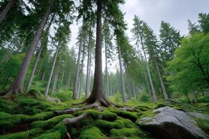 Majestic evergreen trees growing in a lush green forest photo