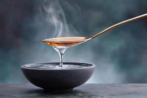Steaming hot broth pouring from golden spoon into bowl photo