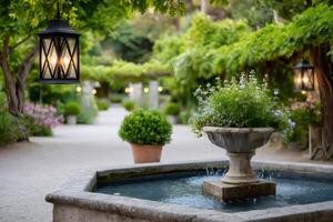 Water flowing in a fountain in a peaceful garden with hanging lanterns photo