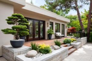 Modern house with beautiful garden and bonsai showing japanese style photo