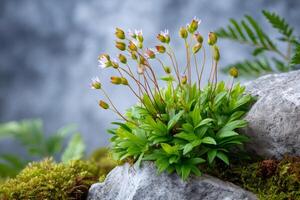 Delicate saxifrage flowers growing on a rock in a mountain environment photo