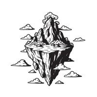 Stylized vintage art silhouette of a floating island with clouds and a tree detailed illustration vector