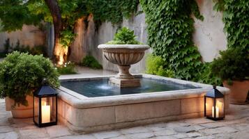 Stone fountain with lanterns illuminating a peaceful courtyard garden photo