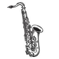 Classic monochrome illustration of a saxophone depicting musical instrument design and its silhouette isolated on white background vector