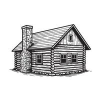 Vintage art silhouette of a rustic log cabin with stone chimney and gabled roof vector