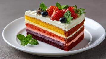 Slice of rainbow cake with whipped cream, fresh berries and mint leaves resting on a white plate photo